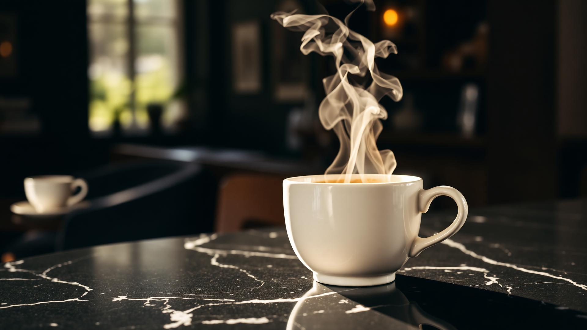 Steam rising from an espresso in Mayfair